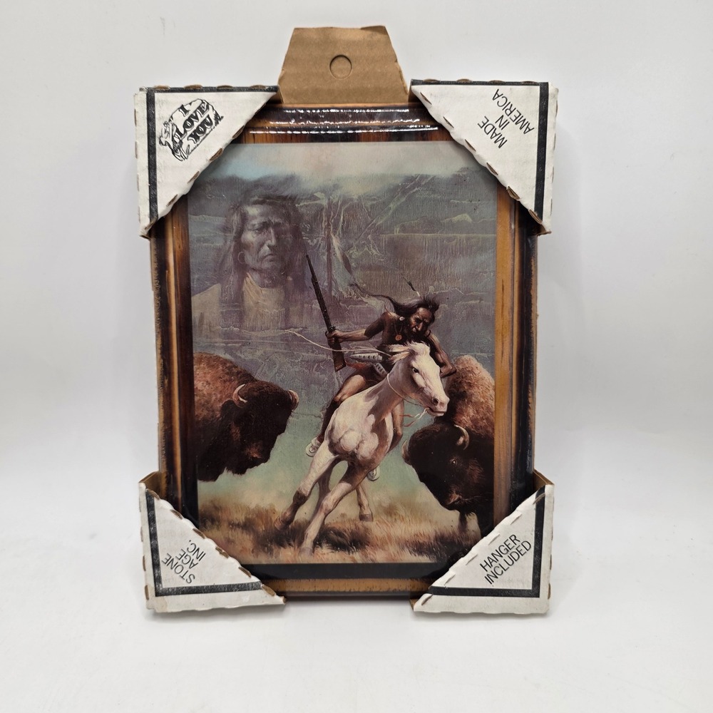 Stone Age Inc Native American Buffalo Hunt Wall Plaque Gloss Wood Art USA Made